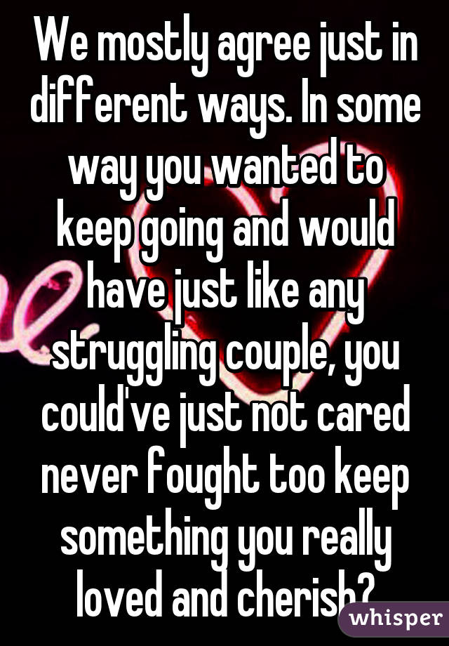 We mostly agree just in different ways. In some way you wanted to keep going and would have just like any struggling couple, you could've just not cared never fought too keep something you really loved and cherish?