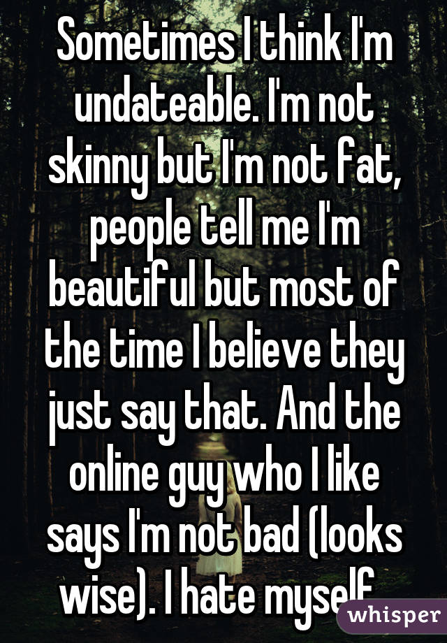 Sometimes I think I'm undateable. I'm not skinny but I'm not fat, people tell me I'm beautiful but most of the time I believe they just say that. And the online guy who I like says I'm not bad (looks wise). I hate myself. 
