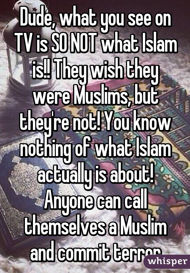 Dude, what you see on TV is SO NOT what Islam is!! They wish they were Muslims, but they're not! You know nothing of what Islam actually is about! Anyone can call themselves a Muslim and commit terror