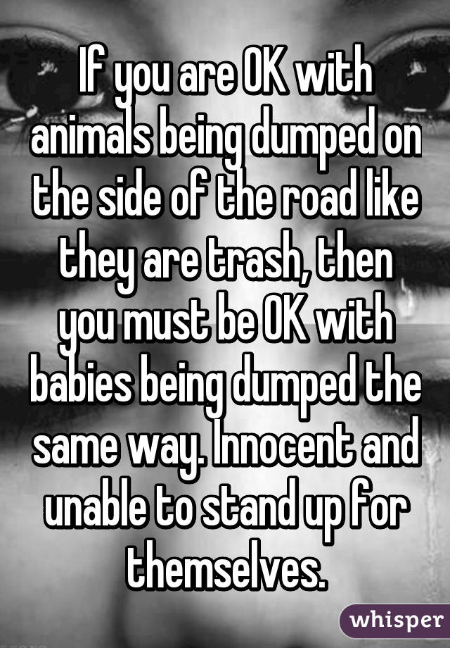 If you are OK with animals being dumped on the side of the road like they are trash, then you must be OK with babies being dumped the same way. Innocent and unable to stand up for themselves.