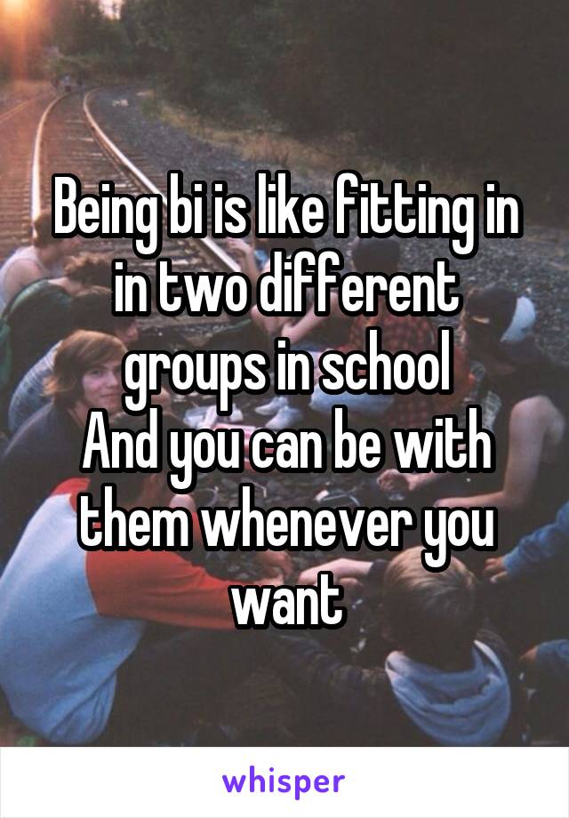 Being bi is like fitting in in two different groups in school
And you can be with them whenever you want