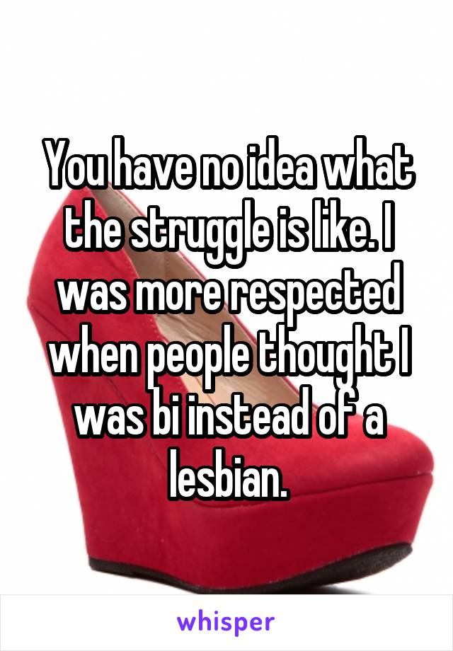 You have no idea what the struggle is like. I was more respected when people thought I was bi instead of a lesbian.