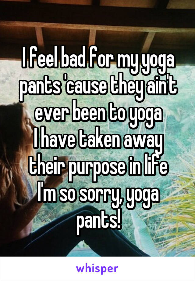 I feel bad for my yoga pants 'cause they ain't ever been to yoga
I have taken away their purpose in life
I'm so sorry, yoga pants!