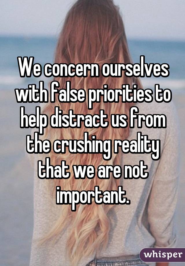 We concern ourselves with false priorities to help distract us from the crushing reality that we are not important.