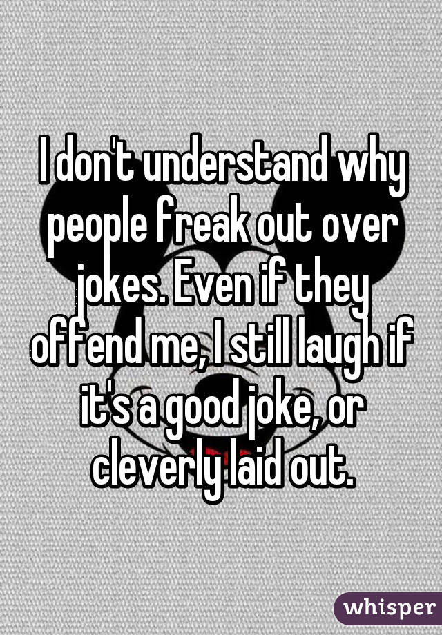 I don't understand why people freak out over jokes. Even if they offend me, I still laugh if it's a good joke, or cleverly laid out.