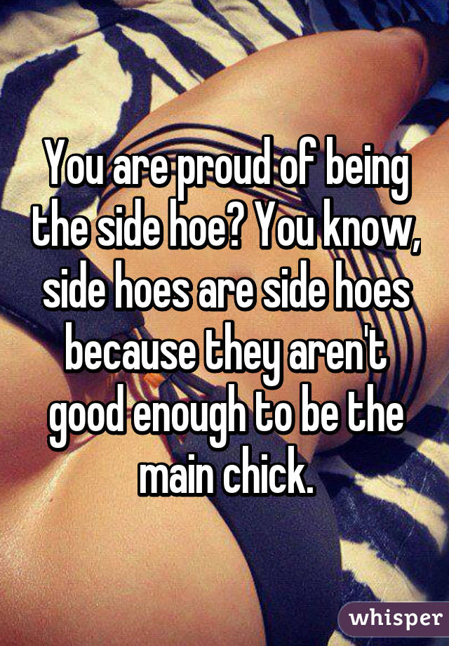 You are proud of being the side hoe? You know, side hoes are side hoes because they aren't good enough to be the main chick.