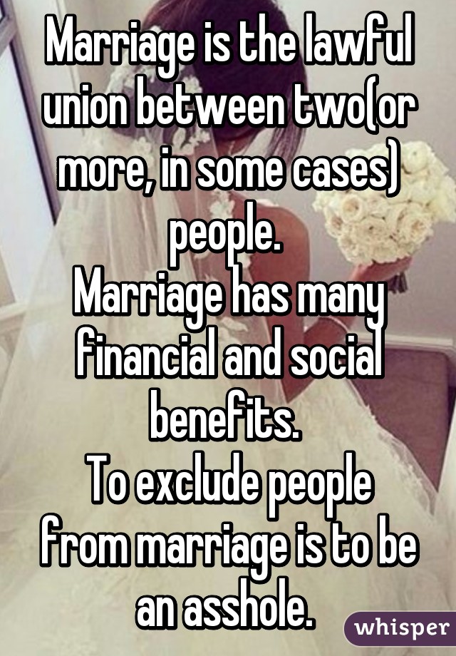 Marriage is the lawful union between two(or more, in some cases) people. 
Marriage has many financial and social benefits. 
To exclude people from marriage is to be an asshole. 