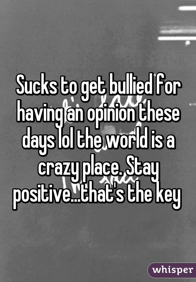 Sucks to get bullied for having an opinion these days lol the world is a crazy place. Stay positive...that's the key 