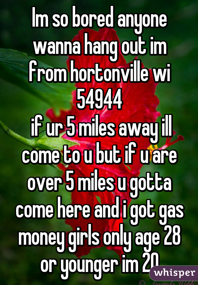 Im so bored anyone wanna hang out im from hortonville wi 54944
 if ur 5 miles away ill come to u but if u are over 5 miles u gotta come here and i got gas money girls only age 28 or younger im 20