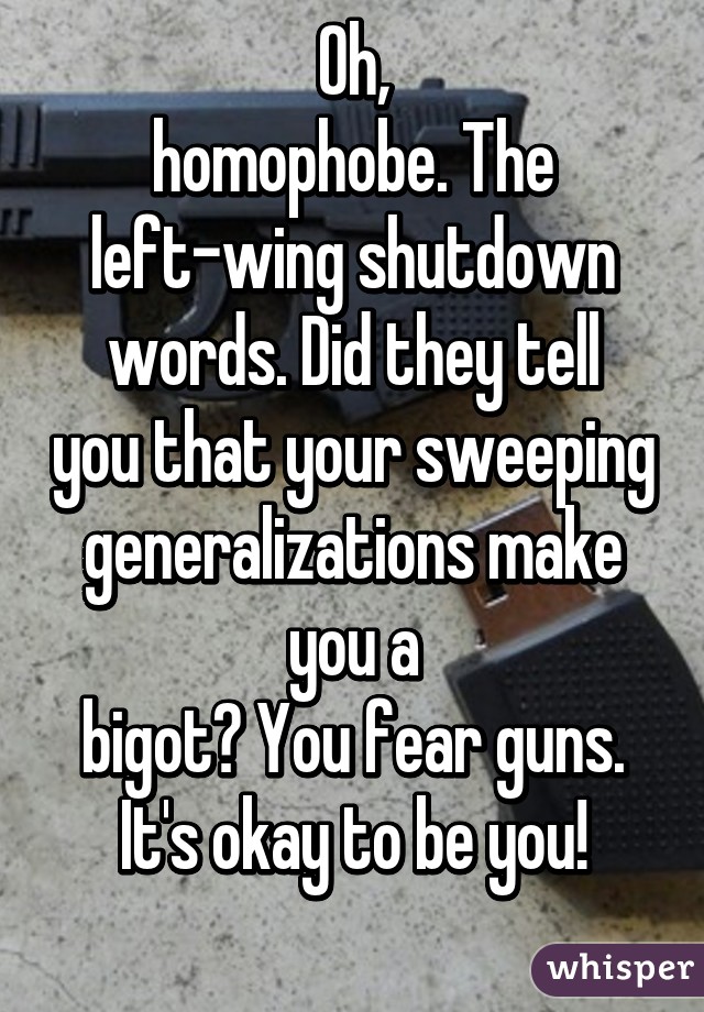 Oh,
homophobe. The left-wing shutdown
words. Did they tell you that your sweeping generalizations make you a
bigot? You fear guns. It's okay to be you!
