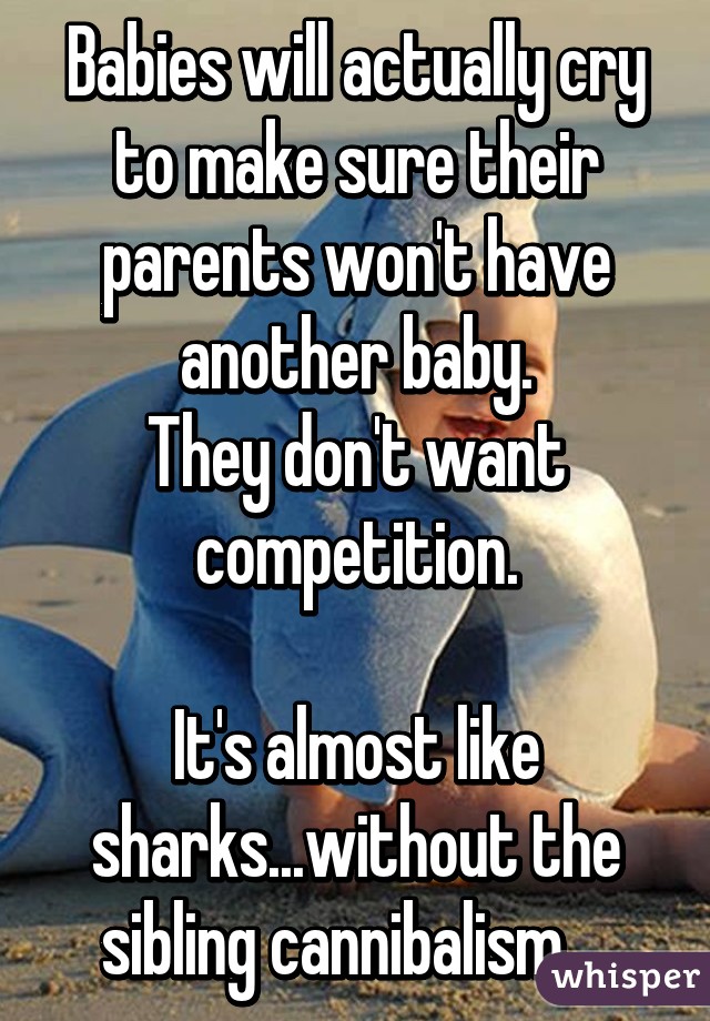 Babies will actually cry to make sure their parents won't have another baby.
They don't want competition.

It's almost like sharks...without the sibling cannibalism. ..