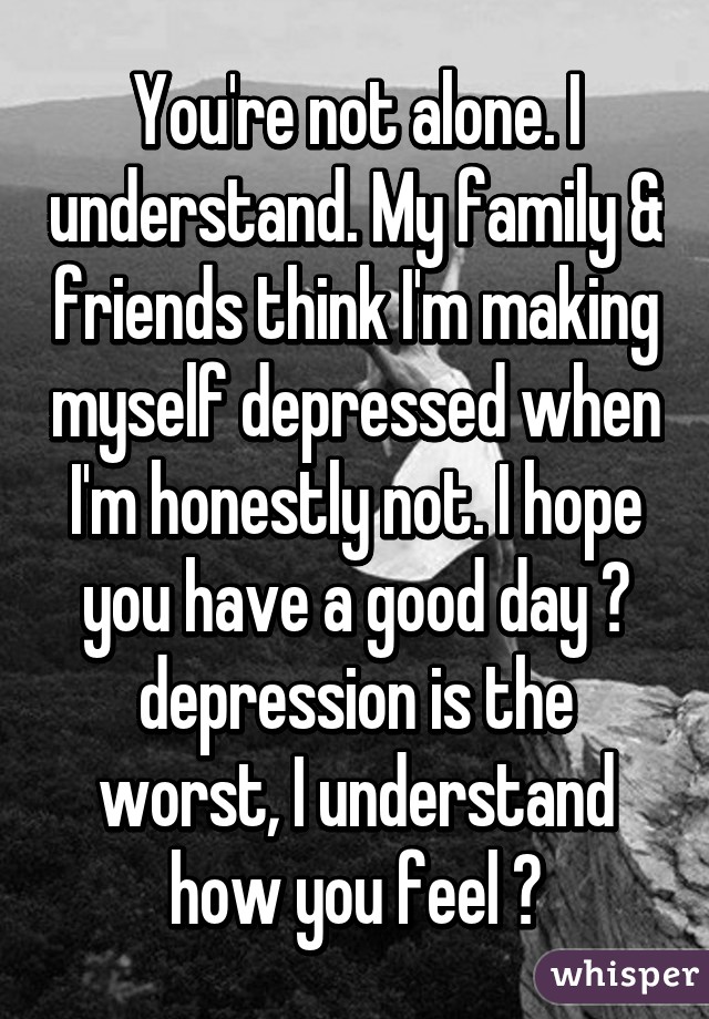You're not alone. I understand. My family & friends think I'm making myself depressed when I'm honestly not. I hope you have a good day ♡ depression is the worst, I understand how you feel ♡