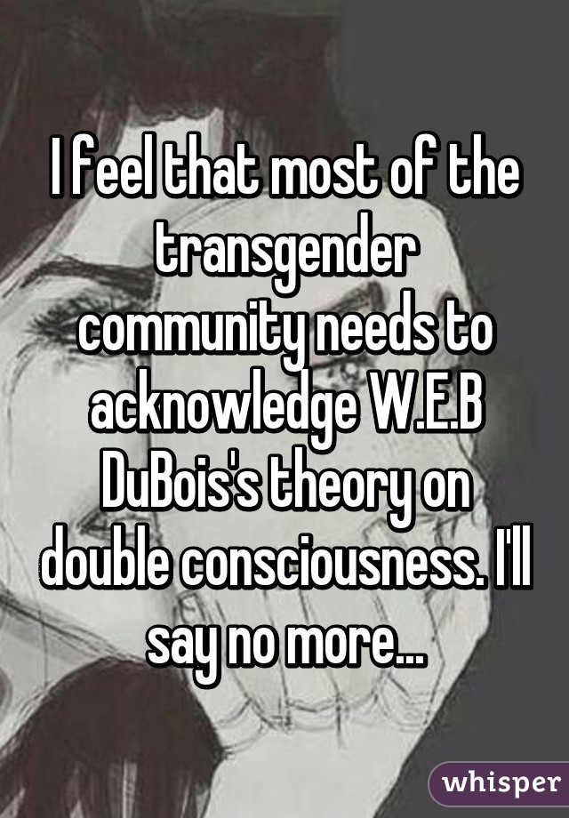 I feel that most of the transgender community needs to acknowledge W.E.B DuBois's theory on double consciousness. I'll say no more...