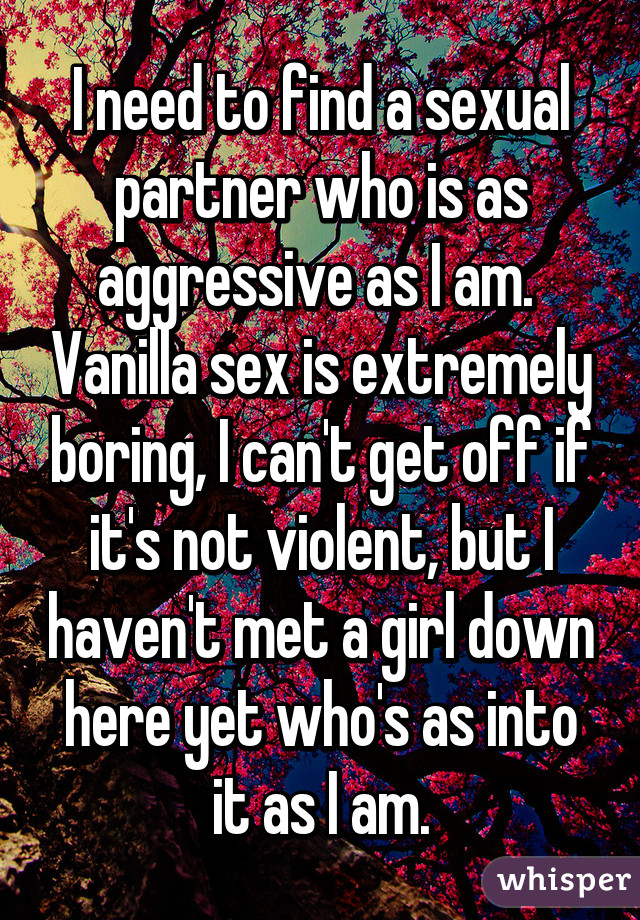 I need to find a sexual partner who is as aggressive as I am.  Vanilla sex is extremely boring, I can't get off if it's not violent, but I haven't met a girl down here yet who's as into it as I am.