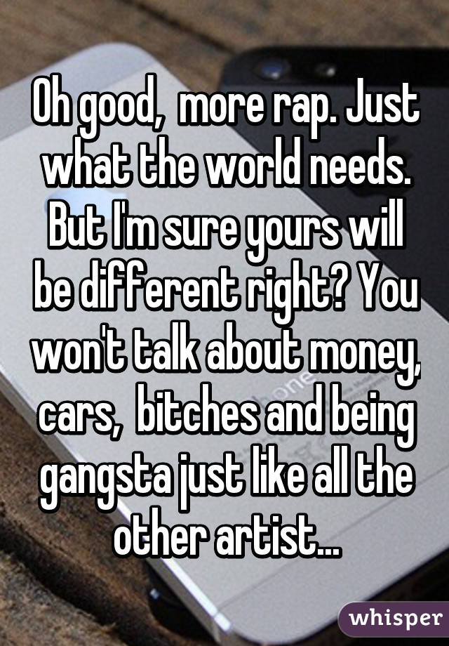 Oh good,  more rap. Just what the world needs. But I'm sure yours will be different right? You won't talk about money, cars,  bitches and being gangsta just like all the other artist...