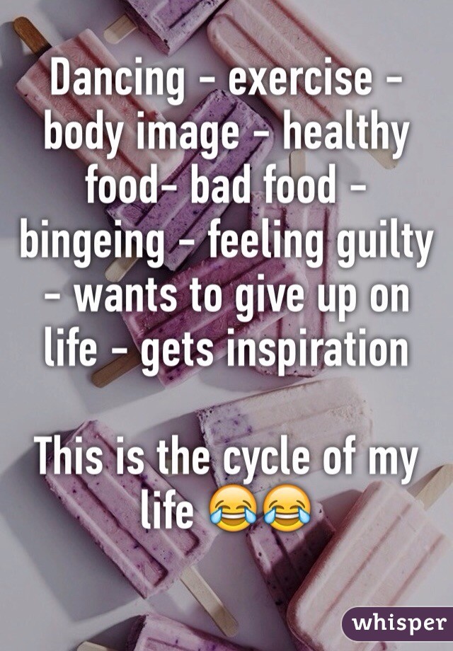 Dancing - exercise - body image - healthy food- bad food - bingeing - feeling guilty - wants to give up on life - gets inspiration 

This is the cycle of my life 😂😂
