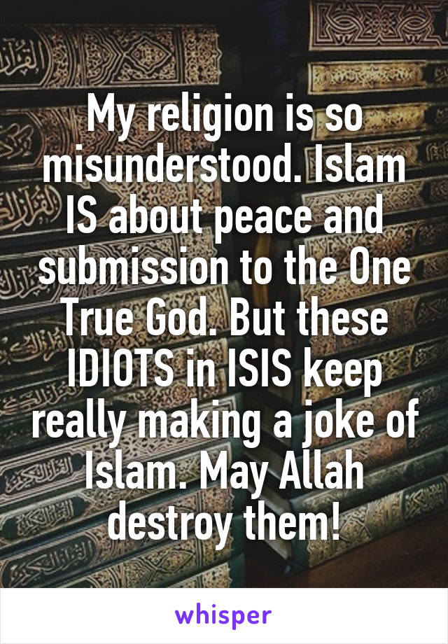 My religion is so misunderstood. Islam IS about peace and submission to the One True God. But these IDIOTS in ISIS keep really making a joke of Islam. May Allah destroy them!