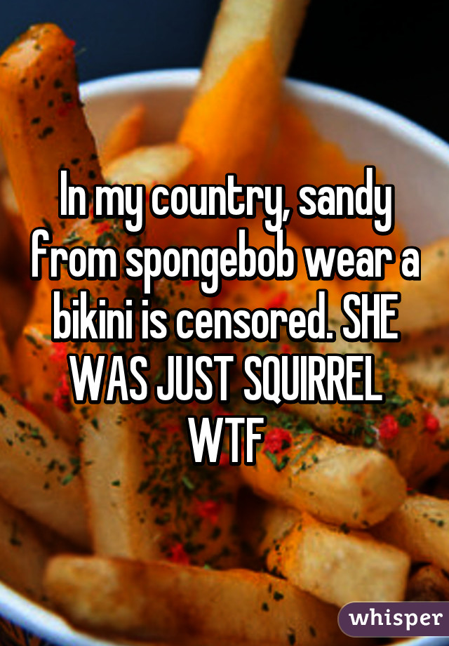 In my country, sandy from spongebob wear a bikini is censored. SHE WAS JUST SQUIRREL WTF