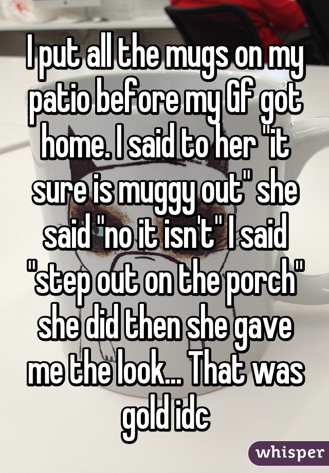 I put all the mugs on my patio before my Gf got home. I said to her "it sure is muggy out" she said "no it isn't" I said "step out on the porch" she did then she gave me the look... That was gold idc