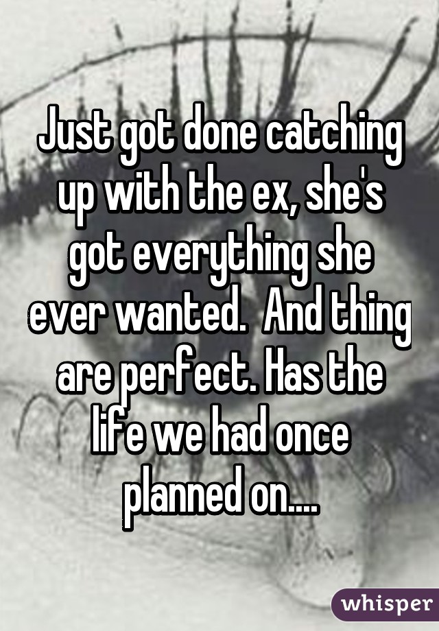 Just got done catching up with the ex, she's got everything she ever wanted.  And thing are perfect. Has the life we had once planned on....