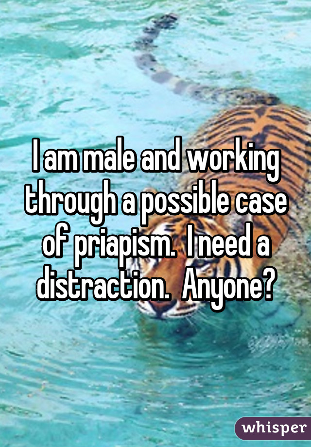 I am male and working through a possible case of priapism.  I need a distraction.  Anyone?