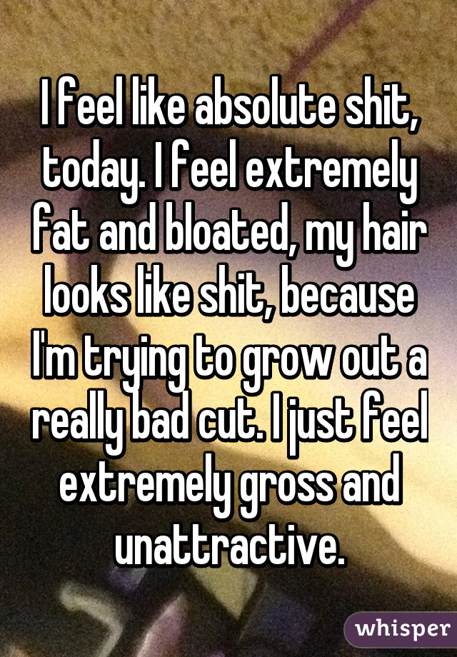 I feel like absolute shit, today. I feel extremely fat and bloated, my hair looks like shit, because I'm trying to grow out a really bad cut. I just feel extremely gross and unattractive.