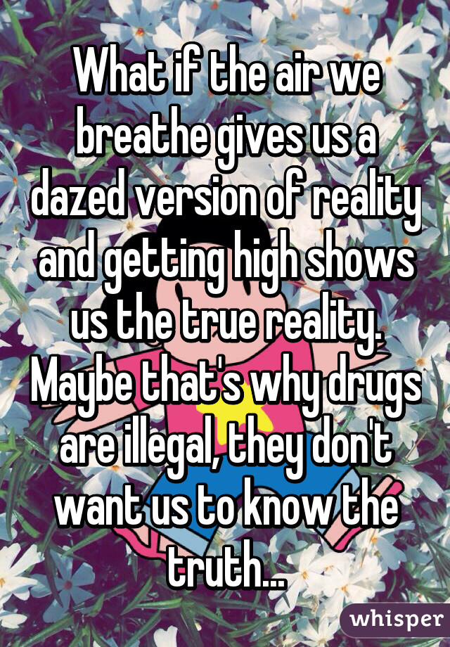 What if the air we breathe gives us a dazed version of reality and getting high shows us the true reality. Maybe that's why drugs are illegal, they don't want us to know the truth...