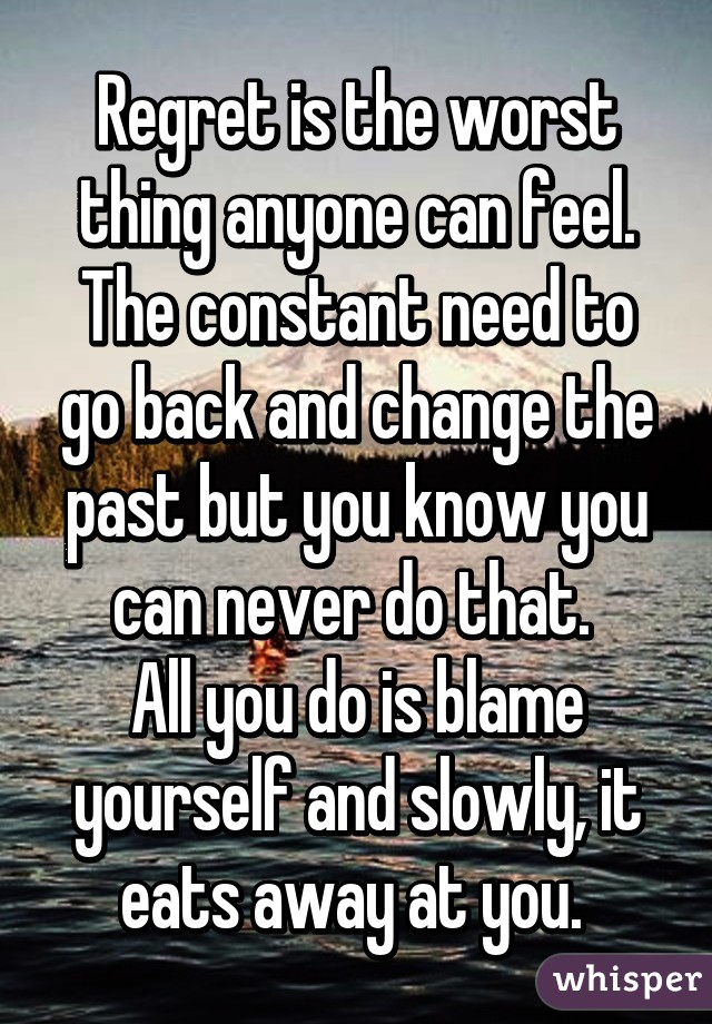 Regret is the worst thing anyone can feel. The constant need to go back and change the past but you know you can never do that. 
All you do is blame yourself and slowly, it eats away at you. 