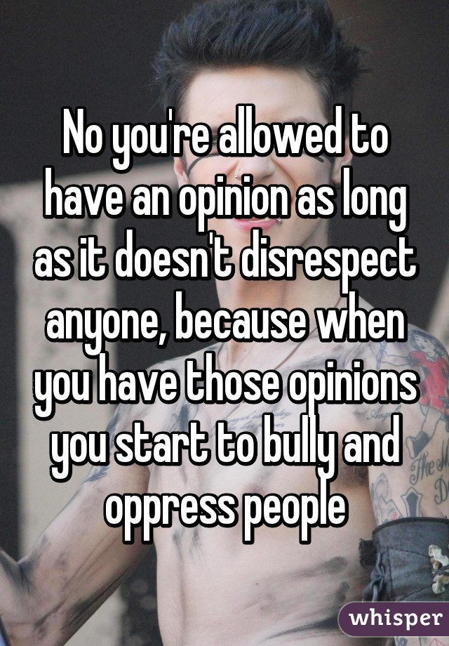 No you're allowed to have an opinion as long as it doesn't disrespect anyone, because when you have those opinions you start to bully and oppress people