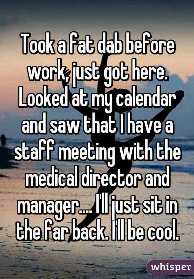 Took a fat dab before work, just got here. Looked at my calendar and saw that I have a staff meeting with the medical director and manager.... I'll just sit in the far back. I'll be cool.