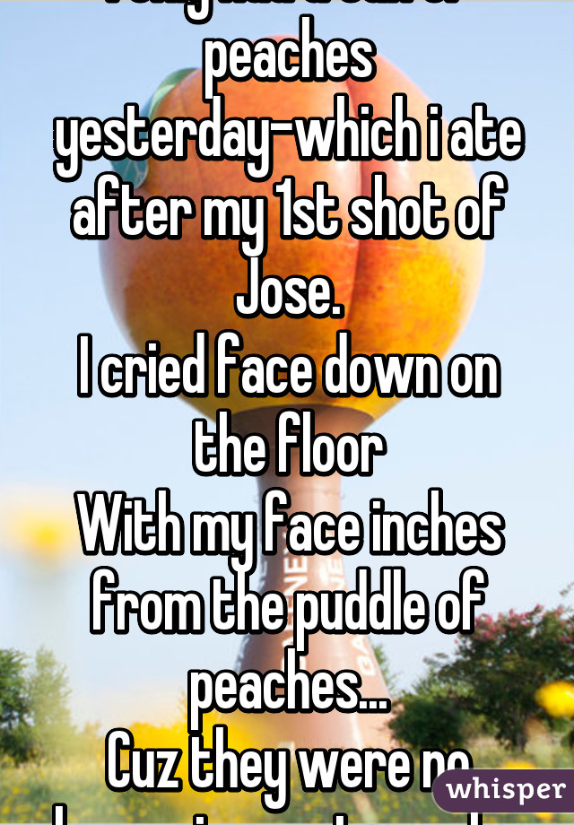 I only had a can of peaches yesterday-which i ate after my 1st shot of Jose.
I cried face down on the floor
With my face inches from the puddle of peaches...
Cuz they were no longer in my stomach...