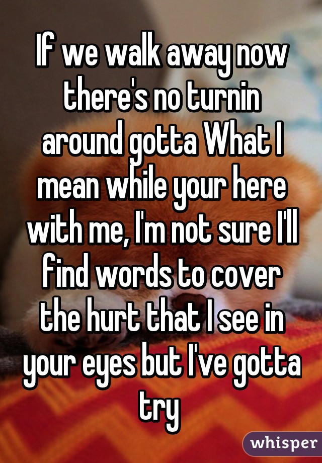 If we walk away now there's no turnin around gotta What I mean while your here with me, I'm not sure I'll find words to cover the hurt that I see in your eyes but I've gotta try 