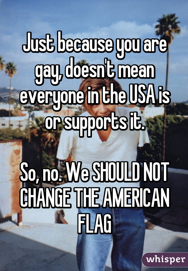 Just because you are gay, doesn't mean everyone in the USA is or supports it.

So, no. We SHOULD NOT CHANGE THE AMERICAN FLAG