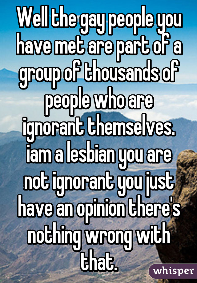 Well the gay people you have met are part of a group of thousands of people who are ignorant themselves. iam a lesbian you are not ignorant you just have an opinion there's nothing wrong with that.