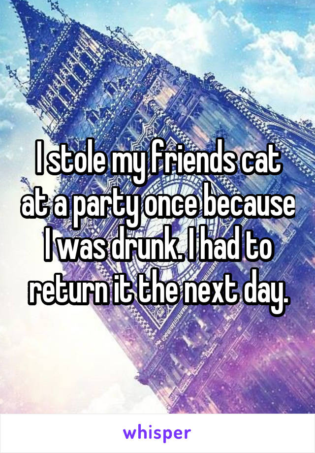 I stole my friends cat at a party once because I was drunk. I had to return it the next day.