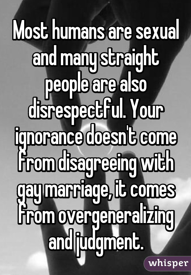 Most humans are sexual and many straight people are also disrespectful. Your ignorance doesn't come from disagreeing with gay marriage, it comes from overgeneralizing and judgment.