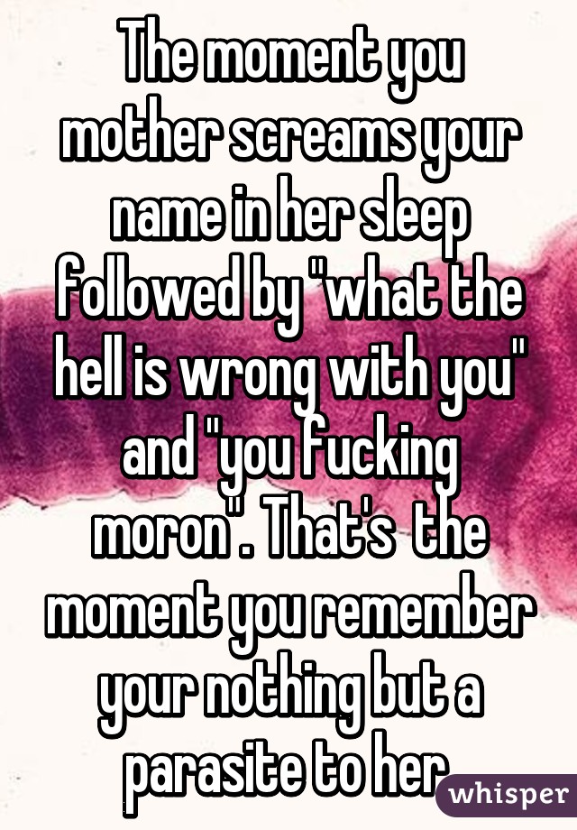 The moment you mother screams your name in her sleep followed by "what the hell is wrong with you" and "you fucking moron". That's  the moment you remember your nothing but a parasite to her.