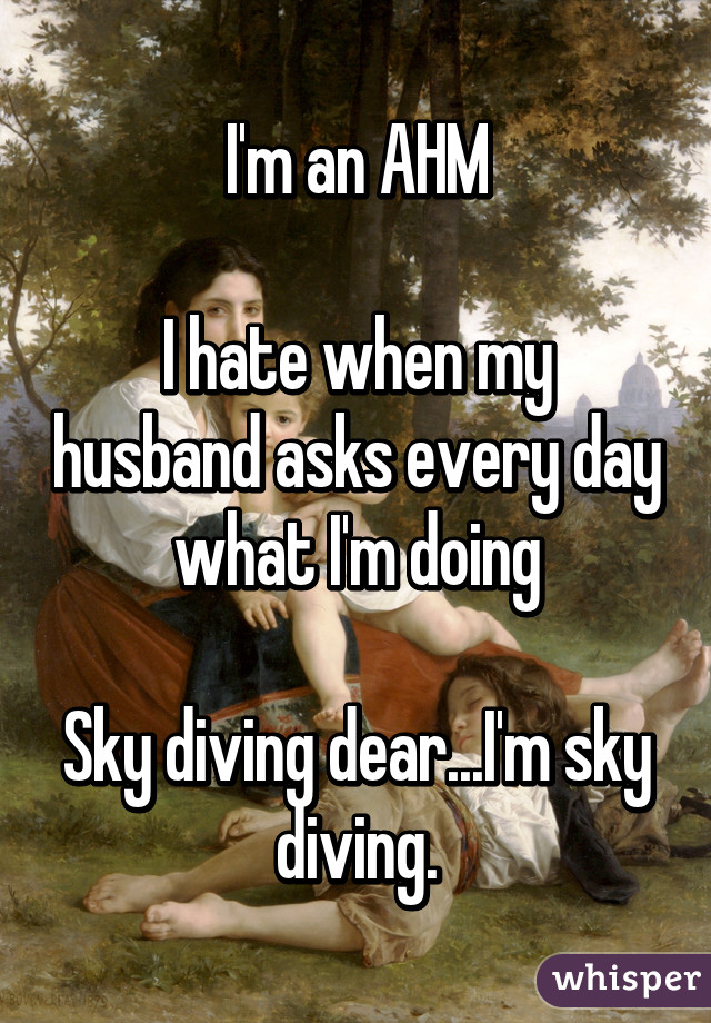 I'm an AHM

I hate when my husband asks every day what I'm doing

Sky diving dear...I'm sky diving.