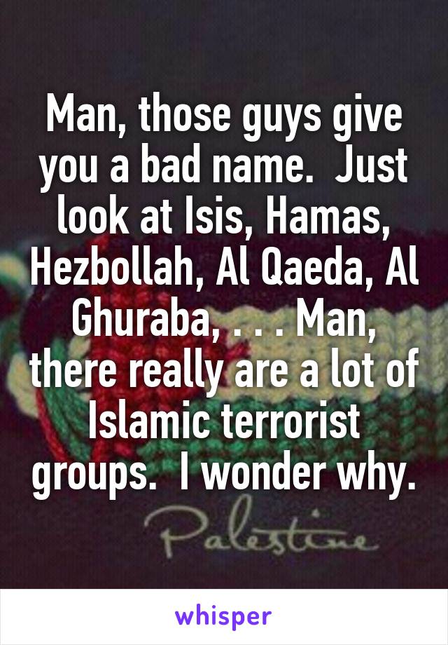 Man, those guys give you a bad name.  Just look at Isis, Hamas, Hezbollah, Al Qaeda, Al Ghuraba, . . . Man, there really are a lot of Islamic terrorist groups.  I wonder why. 