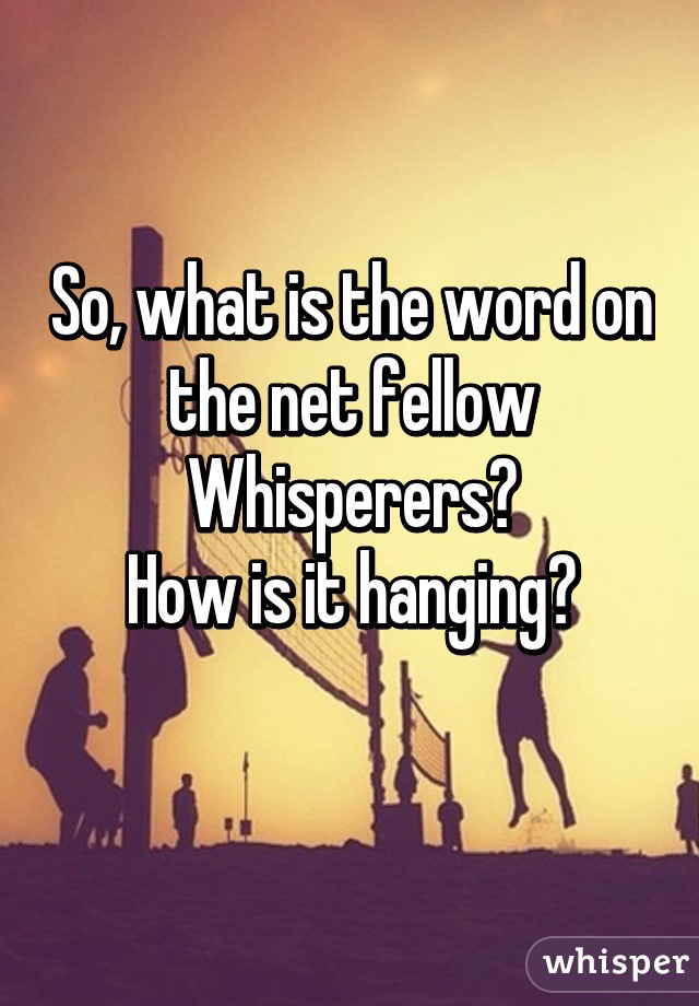 So, what is the word on the net fellow Whisperers?
How is it hanging?
