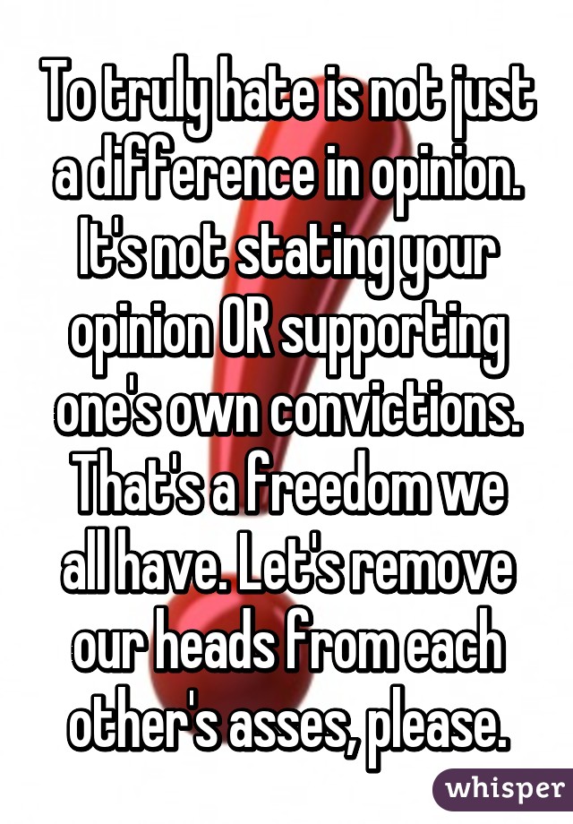 To truly hate is not just a difference in opinion. It's not stating your opinion OR supporting one's own convictions.
That's a freedom we all have. Let's remove our heads from each other's asses, please.