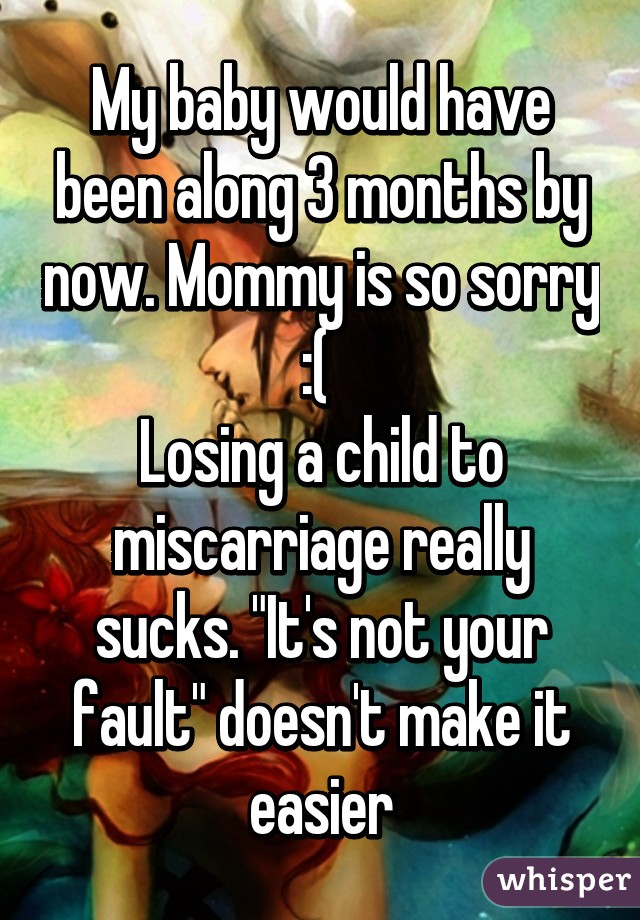 My baby would have been along 3 months by now. Mommy is so sorry :( 
Losing a child to miscarriage really sucks. "It's not your fault" doesn't make it easier