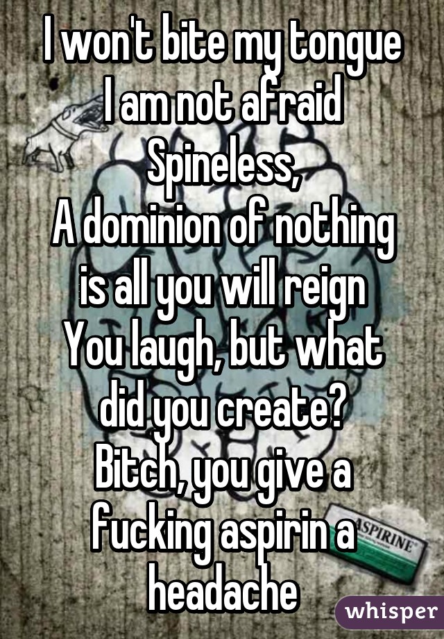 I won't bite my tongue
I am not afraid
Spineless,
A dominion of nothing is all you will reign
You laugh, but what did you create?
Bitch, you give a fucking aspirin a headache