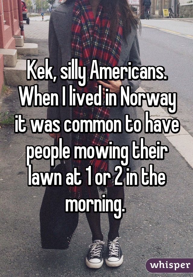 Kek, silly Americans. When I lived in Norway it was common to have people mowing their lawn at 1 or 2 in the morning. 