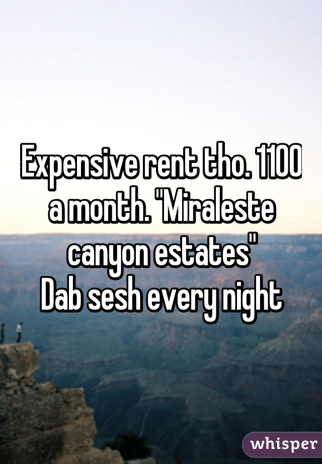 Expensive rent tho. 1100 a month. "Miraleste canyon estates"
Dab sesh every night