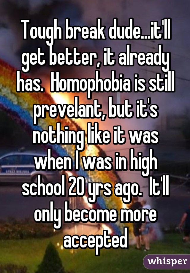 Tough break dude...it'll get better, it already has.  Homophobia is still prevelant, but it's nothing like it was when I was in high school 20 yrs ago.  It'll only become more accepted