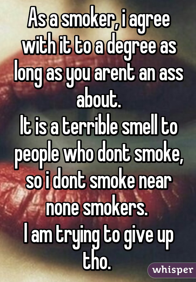 As a smoker, i agree with it to a degree as long as you arent an ass about.
It is a terrible smell to people who dont smoke, so i dont smoke near none smokers. 
I am trying to give up tho. 