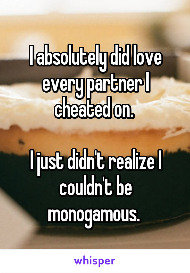 I absolutely did love every partner I cheated on. 

I just didn't realize I couldn't be monogamous. 