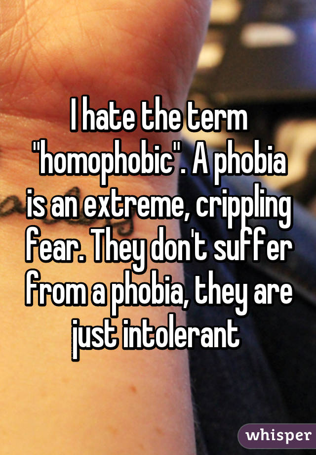I hate the term "homophobic". A phobia is an extreme, crippling fear. They don't suffer from a phobia, they are just intolerant 