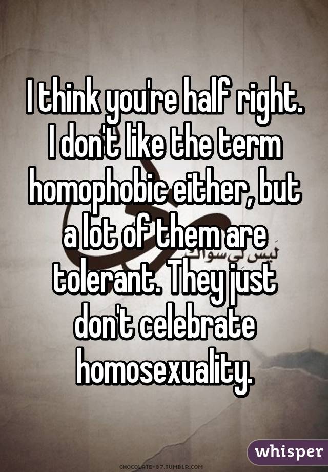 I think you're half right. I don't like the term homophobic either, but a lot of them are tolerant. They just don't celebrate homosexuality.